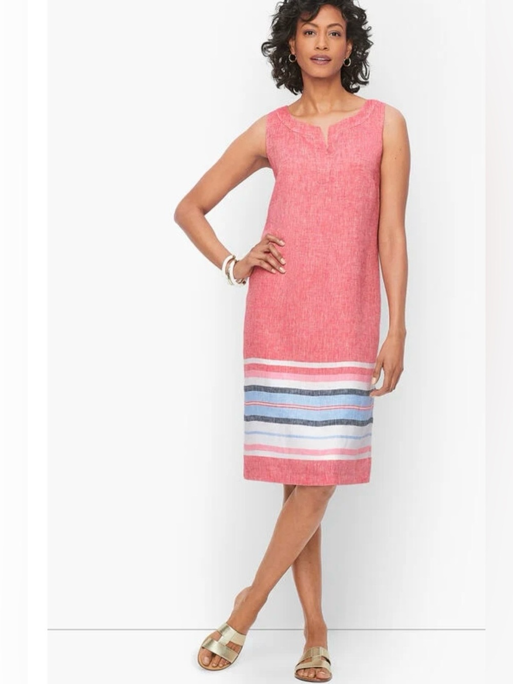 Talbots Linen Seaside Stripe Shift Dress Split Neck Pink Coral Blue size 4